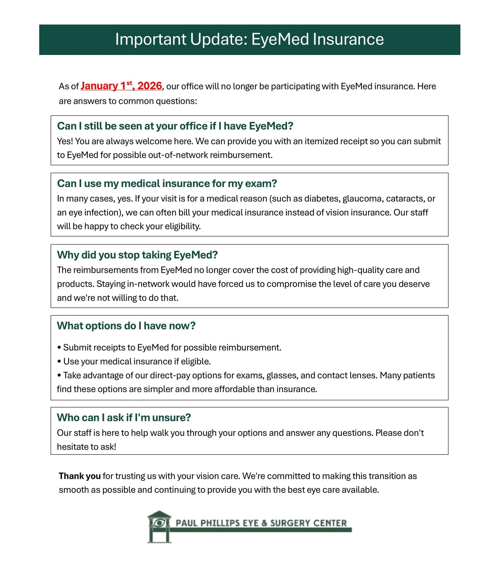 Important Update EyeMed Insurance